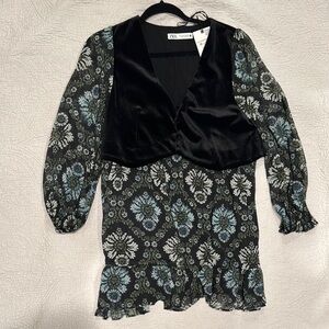 ZARA Floral Sheer Black and Blue Mini Dress